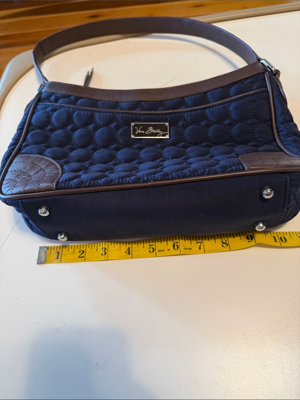 Vera Bradley Wildwood Park microfiber bag. Quilted navy blue with brown strap. - Picture 11 of 13